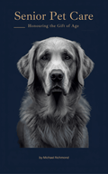 Book cover for 'Senior Pet Care: Honouring the Gift of Age' by Michael Richmond, featuring a grayscale portrait of a golden retriever on a dark navy blue background.