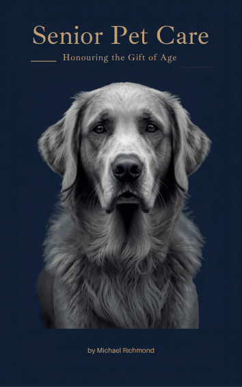 Book cover for 'Senior Pet Care: Honouring the Gift of Age' by Michael Richmond, featuring a grayscale portrait of a golden retriever on a dark navy blue background.