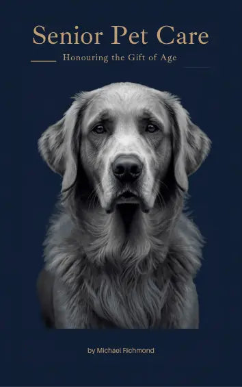 Book cover for 'Senior Pet Care: Honouring the Gift of Age' by Michael Richmond, featuring a grayscale portrait of a golden retriever on a dark navy blue background.