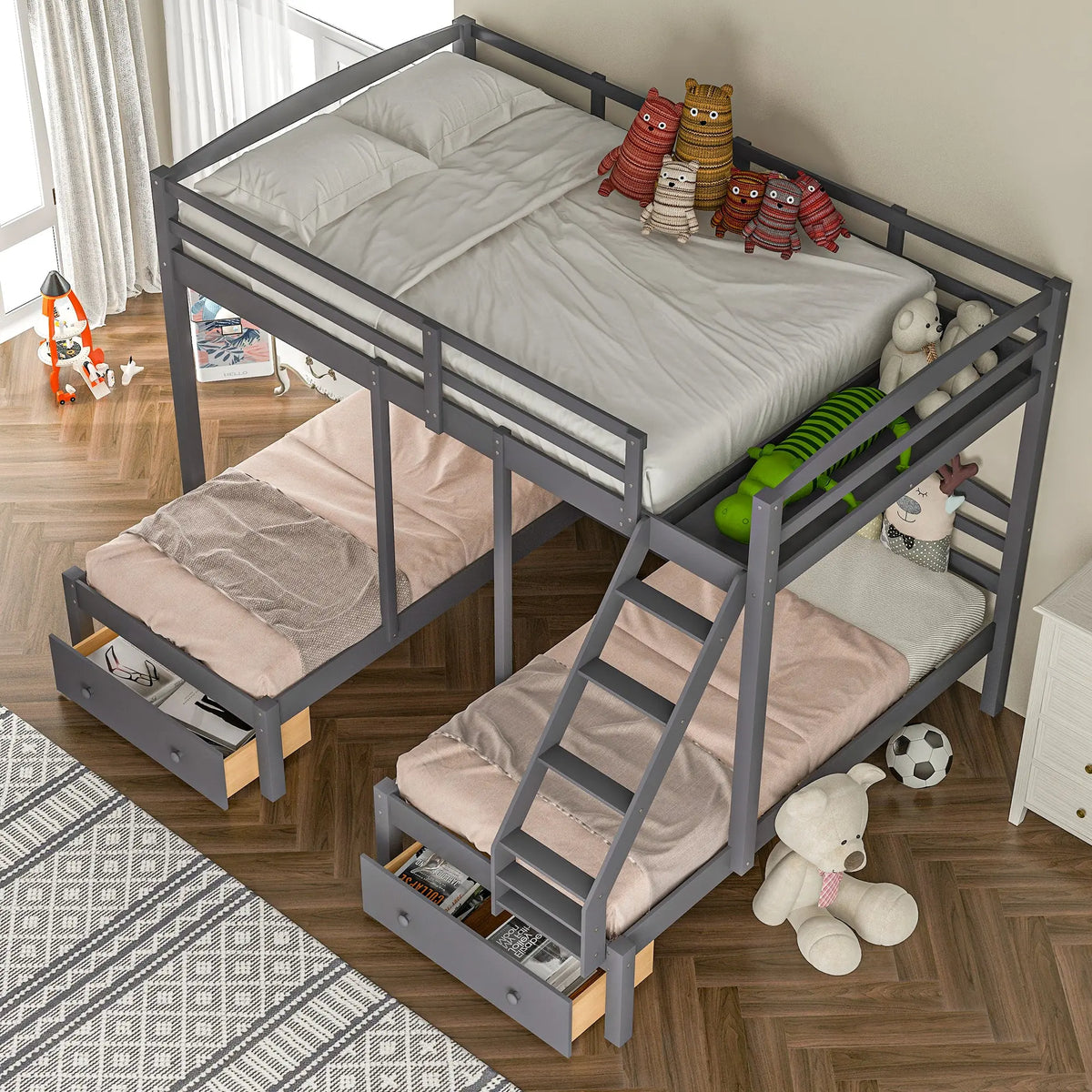 Full over Twin & Twin Triple Bunk Bed with 3 Drawers | Solid Pine & MDF, Full-Length Guardrail, 400 lb Capacity – Gray Next Gen Luxe Solutions