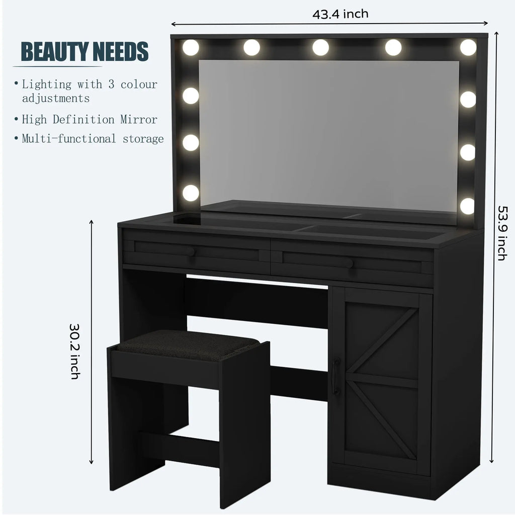 Makeup Vanity Desk with Cabinet Doors & Organized Storage – Eco-Friendly MDF, Black Next Gen Luxe Solutions