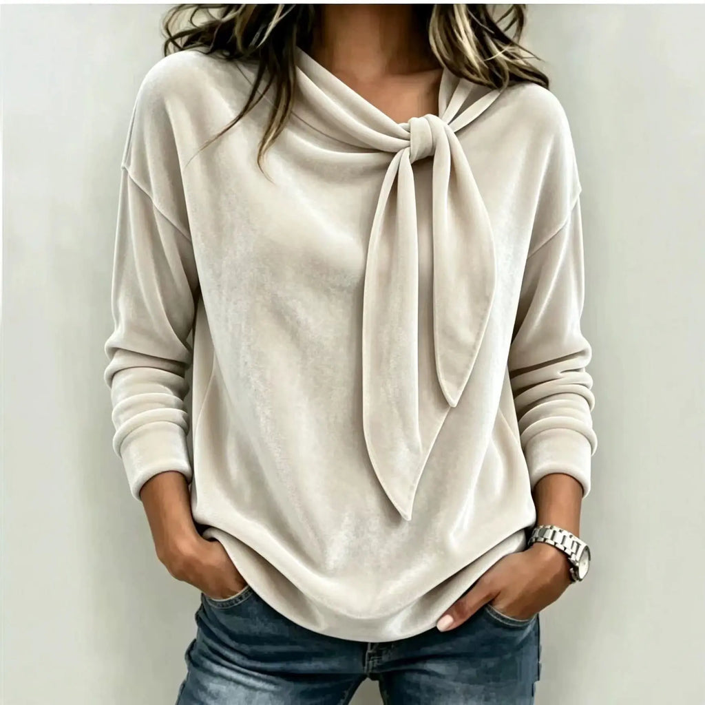 Women's Solid Color Long Sleeve Bow Top | Loose Fit Scarf Collar Pullover – 6 Colors, S–XXL Next Gen Luxe Solutions