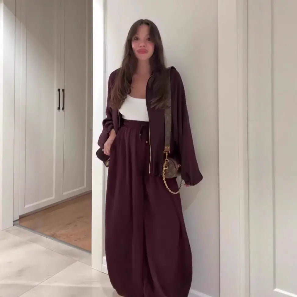 Women's Flip Collar Long Sleeve Jacket & Pants Set | 2-Piece Lounge Outfit – Matcha Green, Brown, Chestnut, S–XXL Next Gen Luxe Solutions