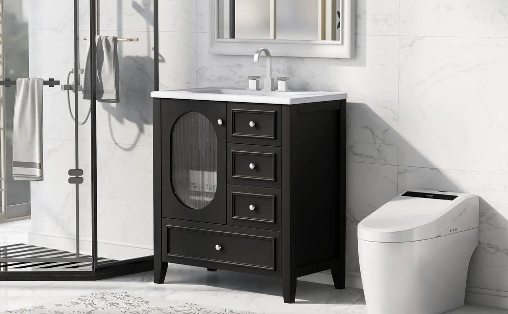 30" Bathroom Vanity with Sink – 3 Drawers, Moru Glass Door, Solid Wood & MDF, Ceramic Sink, Black – Freestanding Next Gen Luxe Solutions