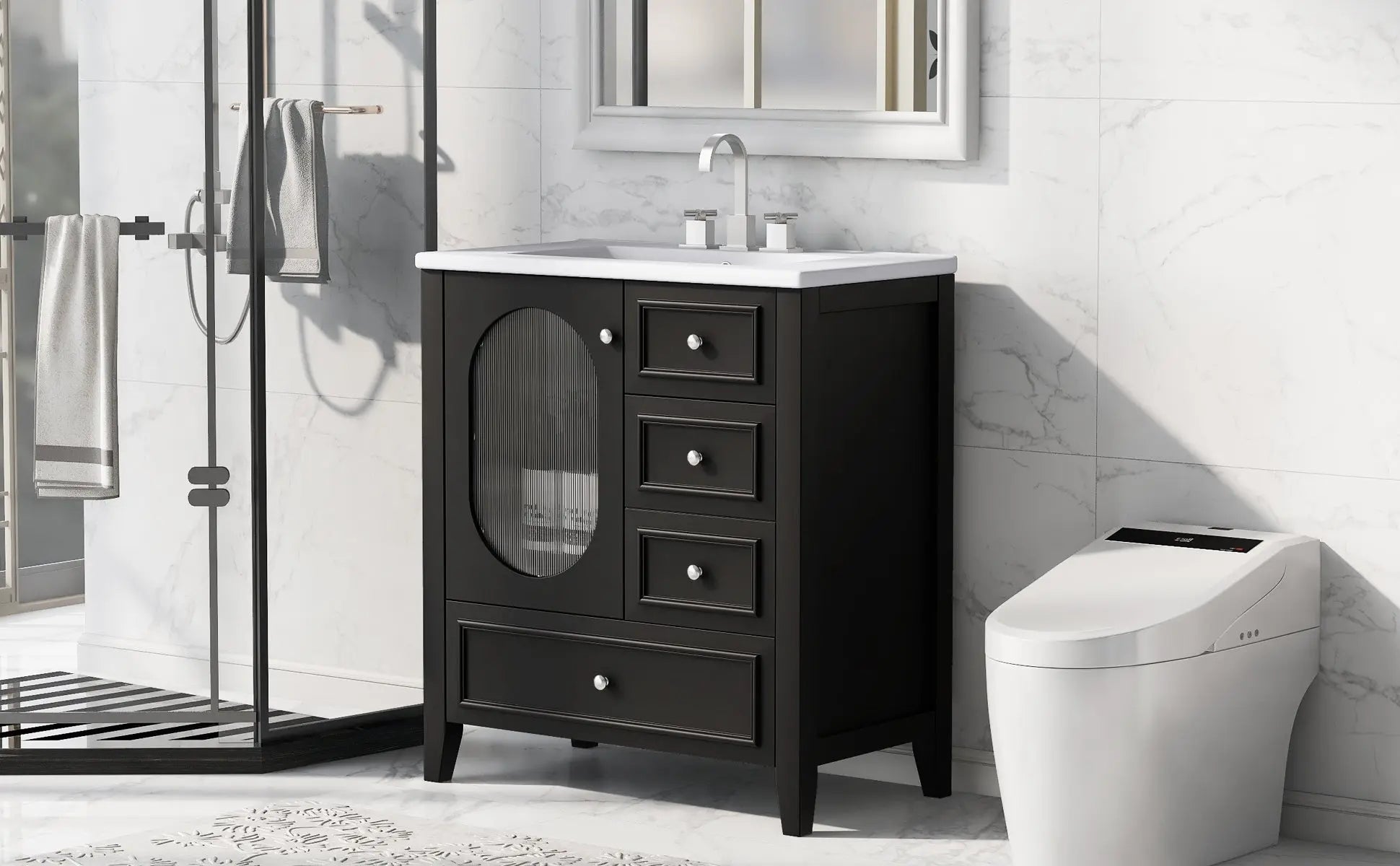 30" Bathroom Vanity with Sink – 3 Drawers, Moru Glass Door, Solid Wood & MDF, Ceramic Sink, Black – Freestanding Next Gen Luxe Solutions