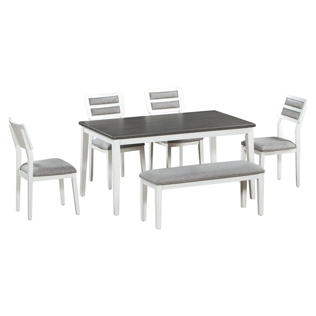 TREXM 6-Piece Classic Dining Set – Table, 4 Upholstered Chairs & Bench (White+Gray) Next Gen Luxe Solutions