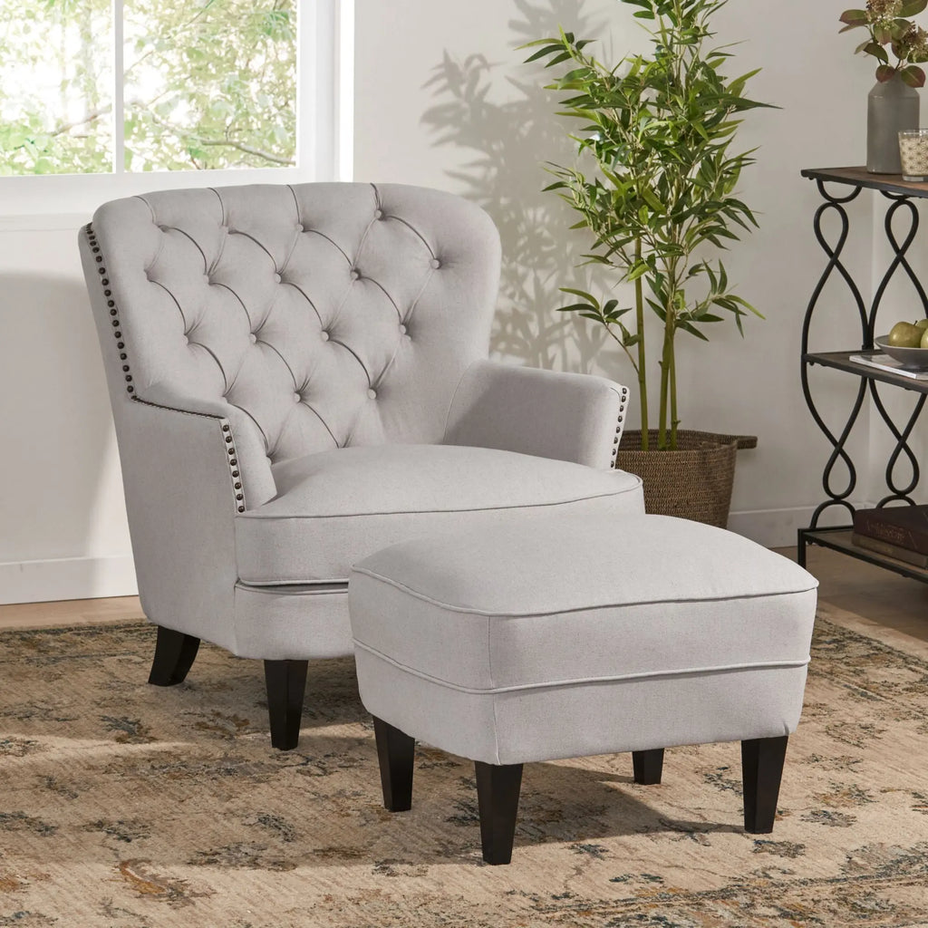 Contemporary Light Gray Fabric Club Chair & Ottoman Set | Upholstered Armchair with Matching Ottoman, 300 lb Capacity – Modern Living Room Next Gen Luxe Solutions