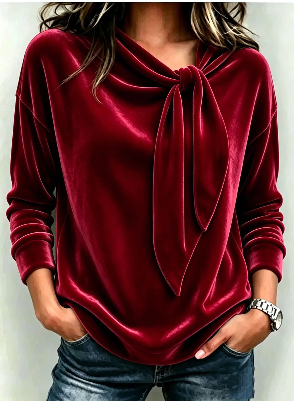 Women's Solid Color Long Sleeve Bow Top | Loose Fit Scarf Collar Pullover – 6 Colors, S–XXL Next Gen Luxe Solutions