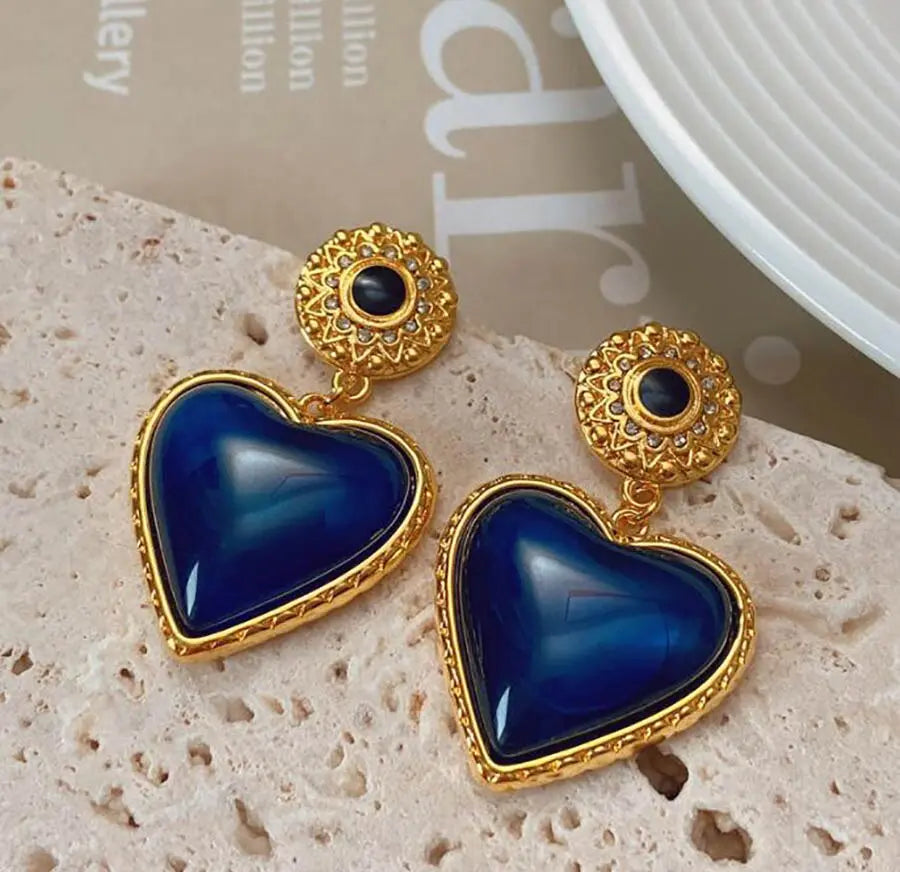 French Retro Blue Heart Gold-Plated Earrings Next Gen Luxe Solutions