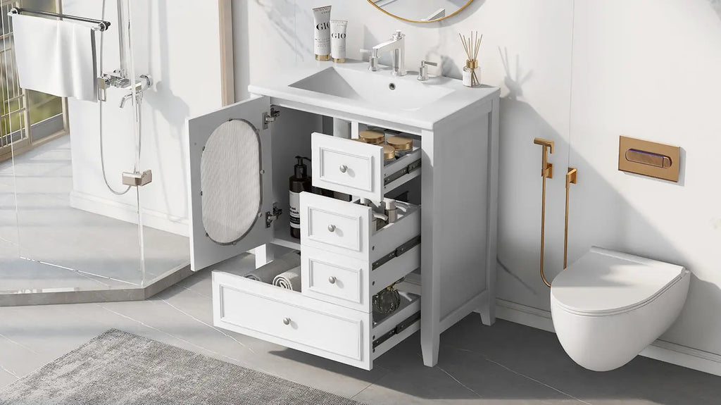 30" Bathroom Vanity with Sink | Solid Wood & MDF, 4 Drawers, Oval Fluted Glass Door, Ceramic Sink, White – Freestanding Next Gen Luxe Solutions