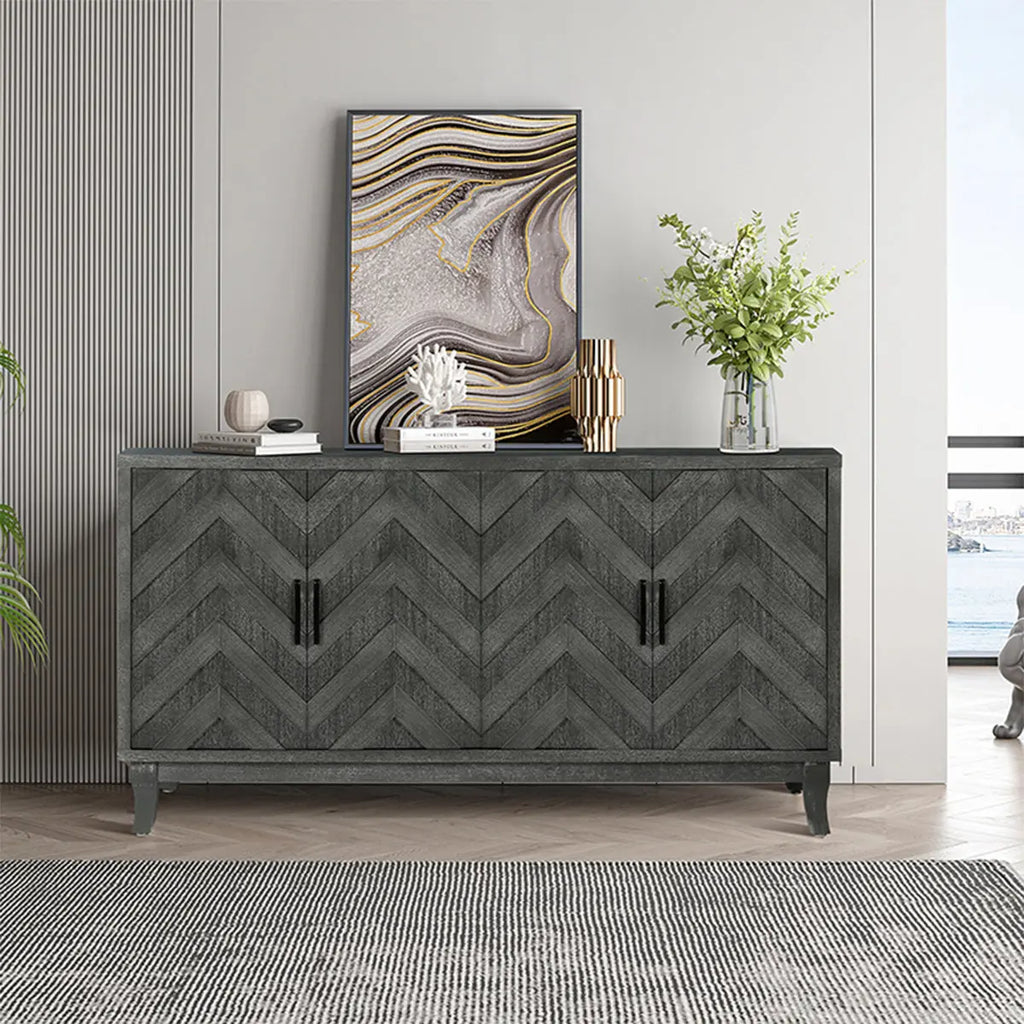 Vintage Style Buffet Cabinet – Lacquered Accent Storage, 4-Door Wooden Cabinet in Taupe Grey Next Gen Luxe Solutions