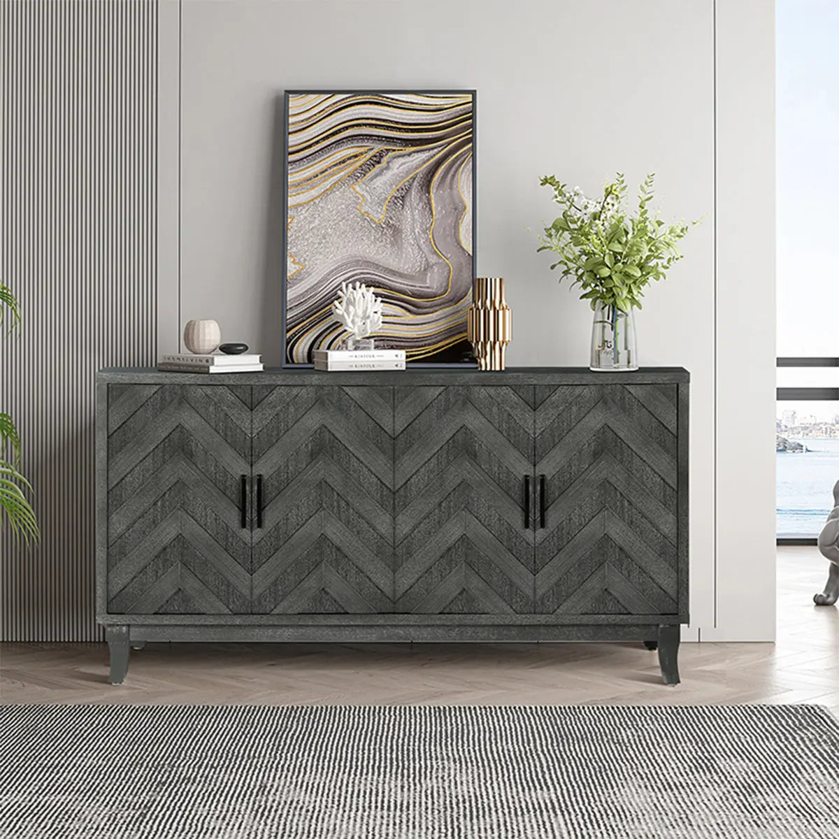 Vintage Style Buffet Cabinet – Lacquered Accent Storage, 4-Door Wooden Cabinet in Taupe Grey Next Gen Luxe Solutions