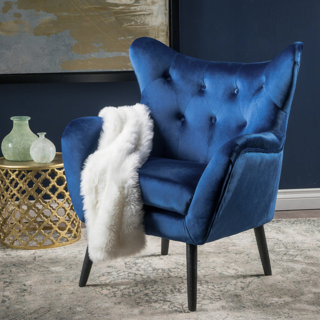 Navy Blue Velvet Wingback Armchair – Button-Tufted, Mid-Century Modern | Oak Wood Frame Next Gen Luxe Solutions