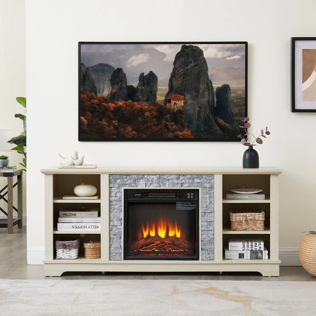 Mantel Electric Fireplace TV Stand – Stone Media Console with 18" Fireplace Insert & Open Storage (White) Next Gen Luxe Solutions