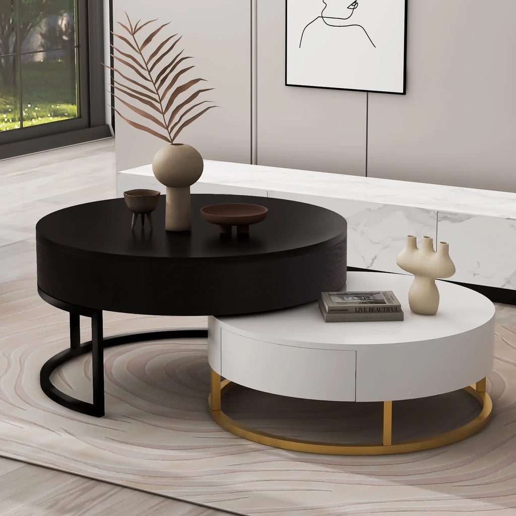 Modern Round Lift-Top Nesting Coffee Tables Set of 2 | Hydraulic Lift, 2 Drawers, Gold Metal Base – White & Black Next Gen Luxe Solutions
