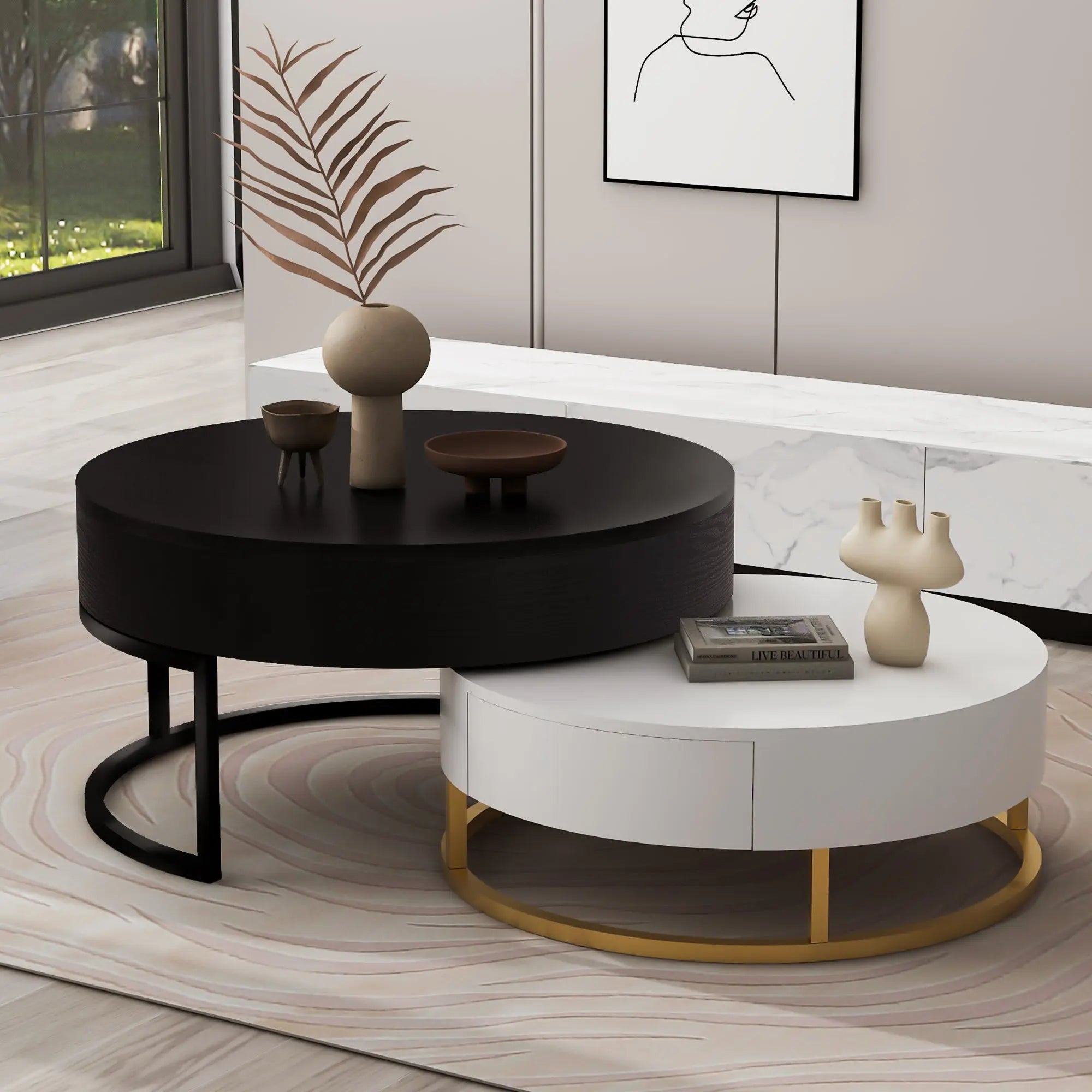 Modern Round Lift-Top Nesting Coffee Tables Set of 2 | Hydraulic Lift, 2 Drawers, Gold Metal Base – White & Black Next Gen Luxe Solutions