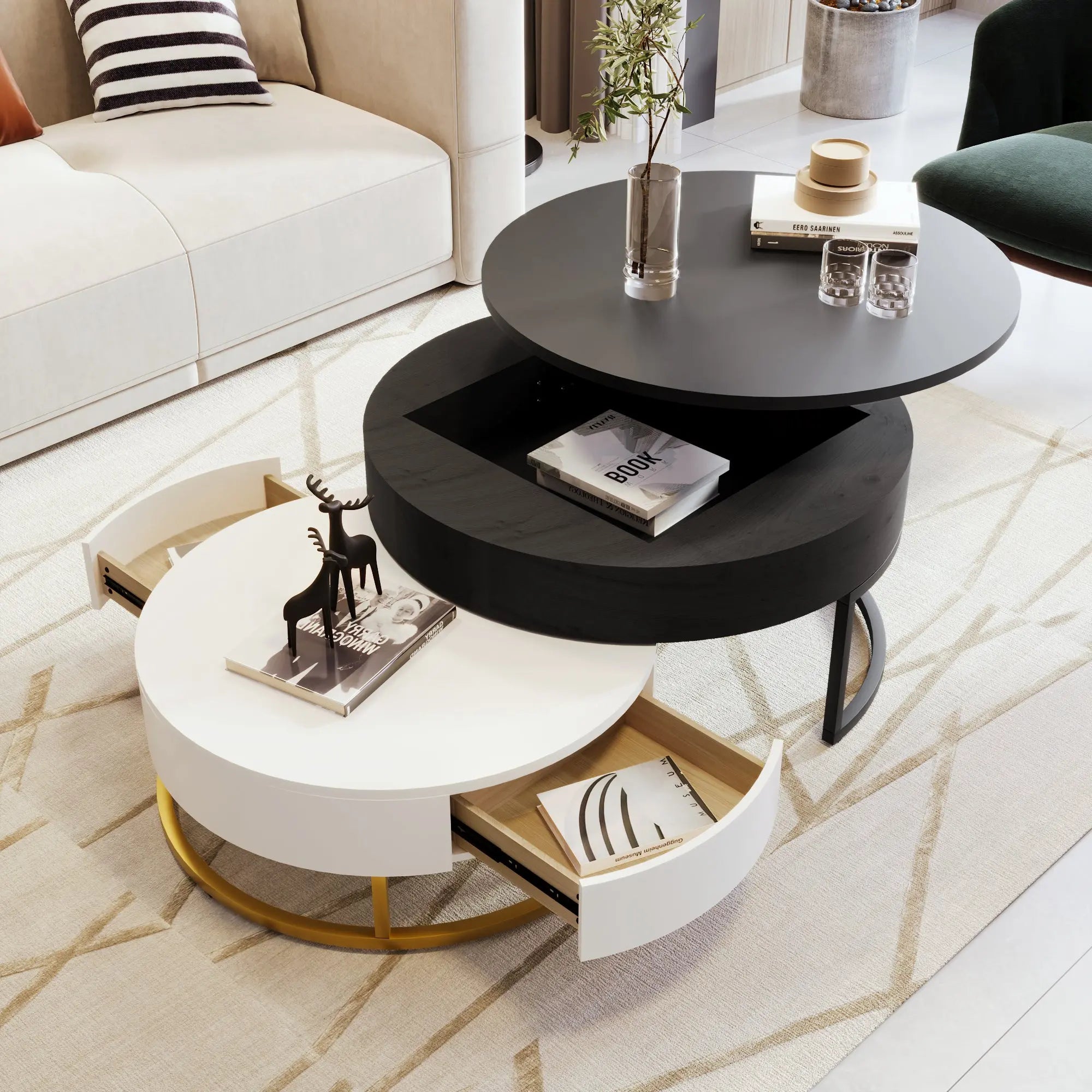 Modern Round Lift-Top Nesting Coffee Tables Set of 2 | Hydraulic Lift, 2 Drawers, Gold Metal Base – White & Black Next Gen Luxe Solutions