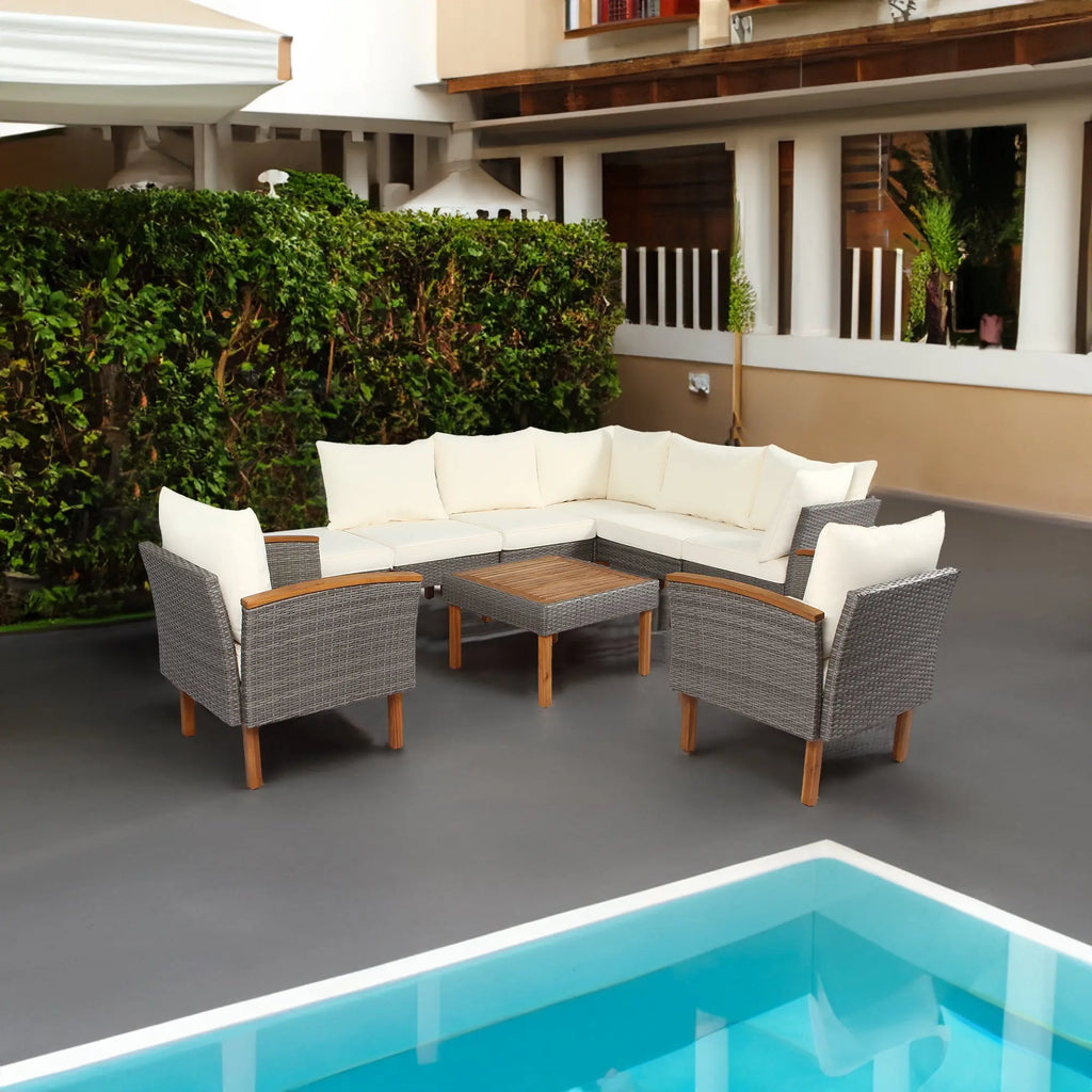 9-Piece Outdoor PE Rattan Patio Furniture Set | Acacia Wood Legs & Tabletop, Sectional Sofa with Coffee Table, Washable Cushions – Beige Next Gen Luxe Solutions