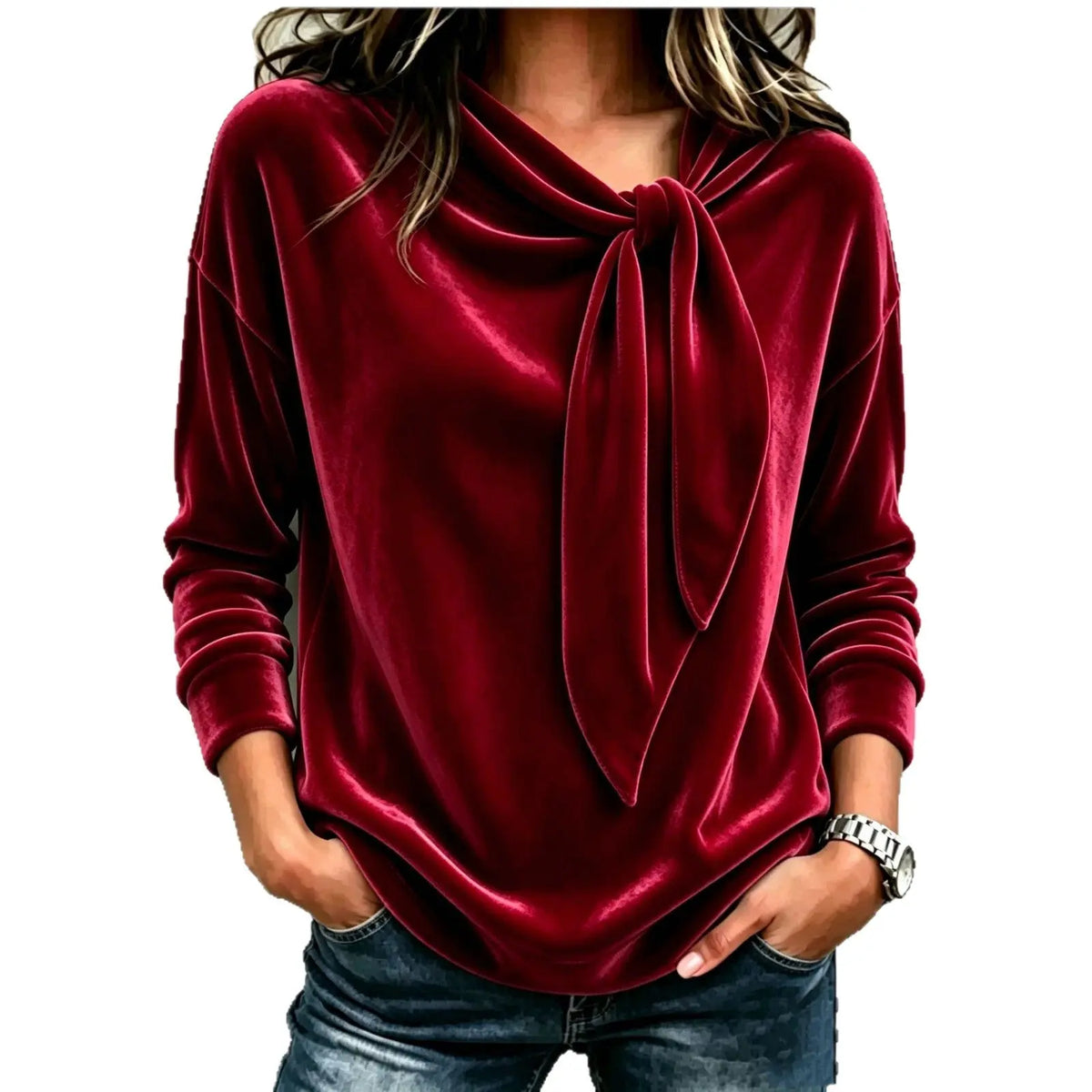 Women's Solid Color Long Sleeve Bow Top | Loose Fit Scarf Collar Pullover – 6 Colors, S–XXL Next Gen Luxe Solutions