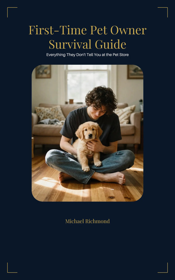 Book cover of 'First-Time Pet Owner Survival Guide' with a person holding a puppy.