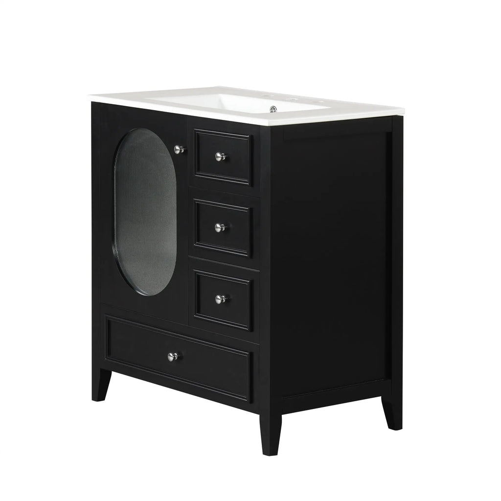 30" Bathroom Vanity with Sink – 3 Drawers, Moru Glass Door, Solid Wood & MDF, Ceramic Sink, Black – Freestanding Next Gen Luxe Solutions