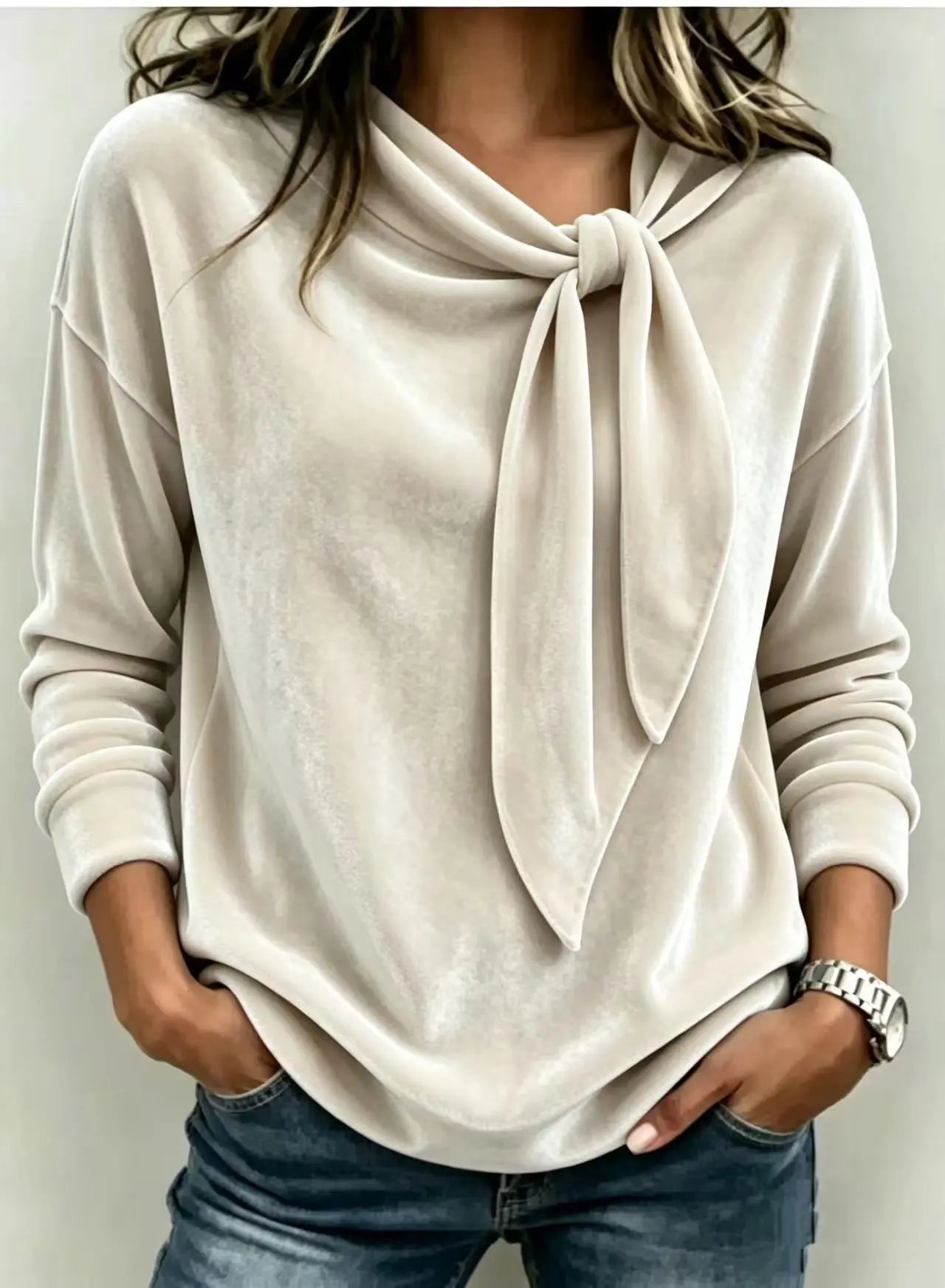 Women's Solid Color Long Sleeve Bow Top | Loose Fit Scarf Collar Pullover – 6 Colors, S–XXL Next Gen Luxe Solutions