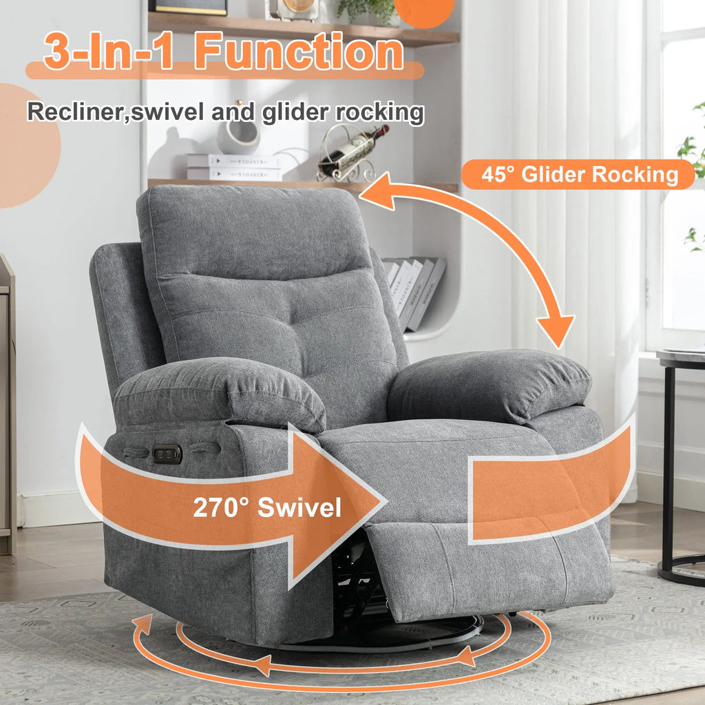 Power Recliner Glider Chair with Bluetooth Speaker | 270° Swivel, LED Light, USB+C Charging, Retractable Footrest, Storage Pockets – Light Grey Linen Next Gen Luxe Solutions