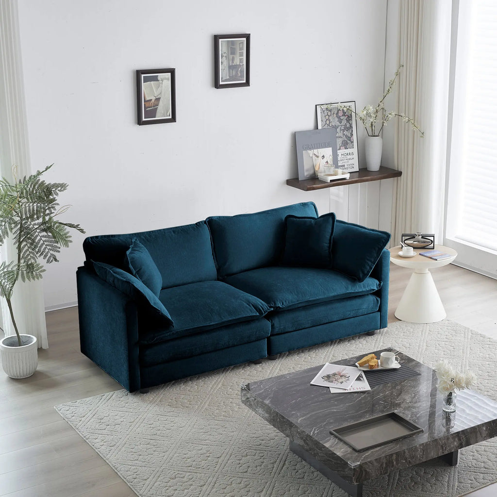 Modern Blue Chenille Loveseat Sofa – Deep Seat 2-Seater with 4 Pillows | Upholstered Living Room Couch Next Gen Luxe Solutions