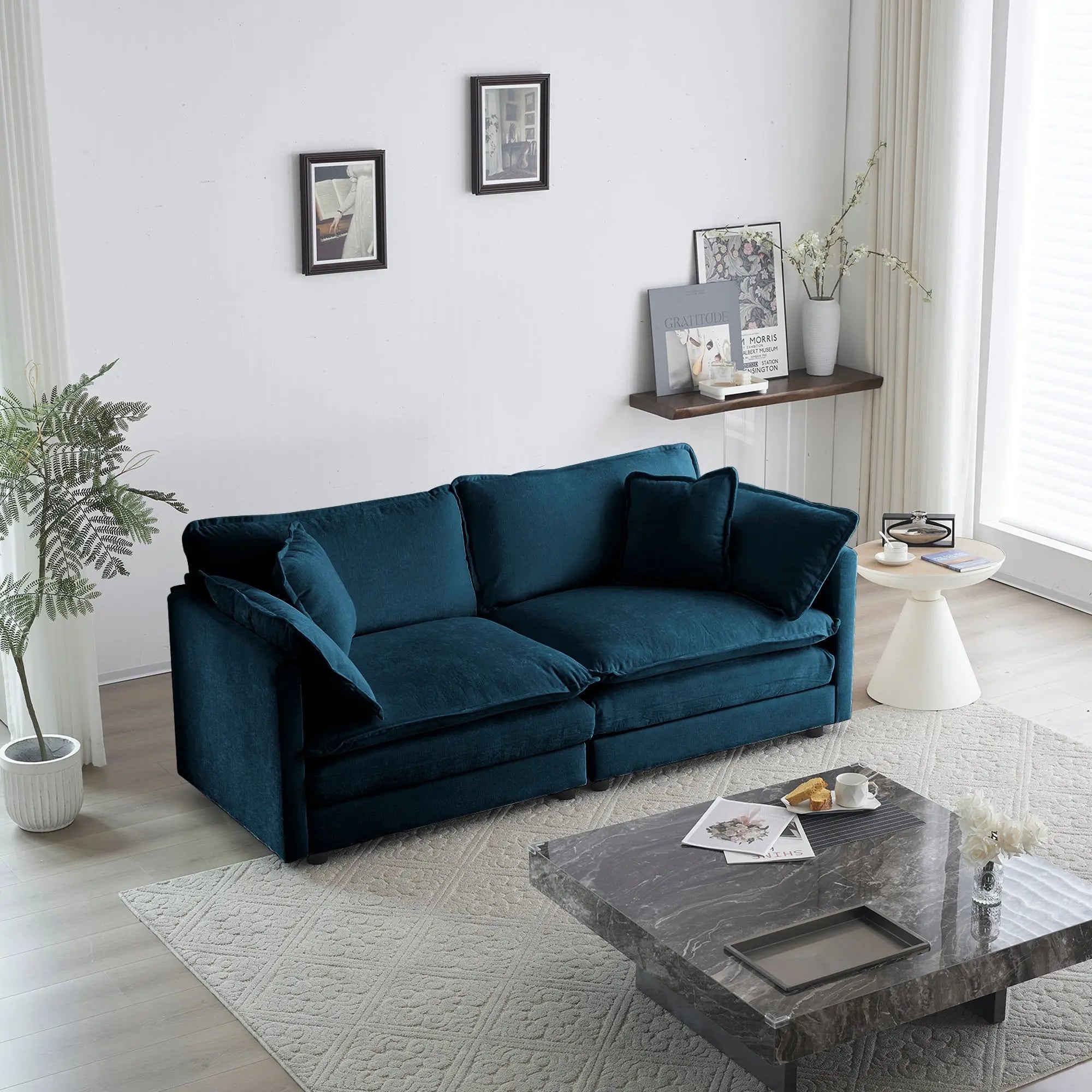 Modern Blue Chenille Loveseat Sofa – Deep Seat 2-Seater with 4 Pillows | Upholstered Living Room Couch Next Gen Luxe Solutions