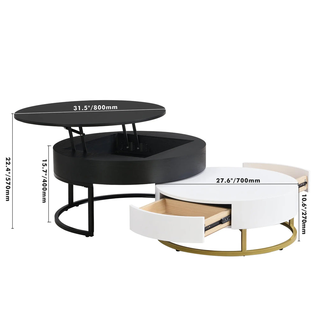 Modern Round Lift-Top Nesting Coffee Tables Set of 2 | Hydraulic Lift, 2 Drawers, Gold Metal Base – White & Black Next Gen Luxe Solutions