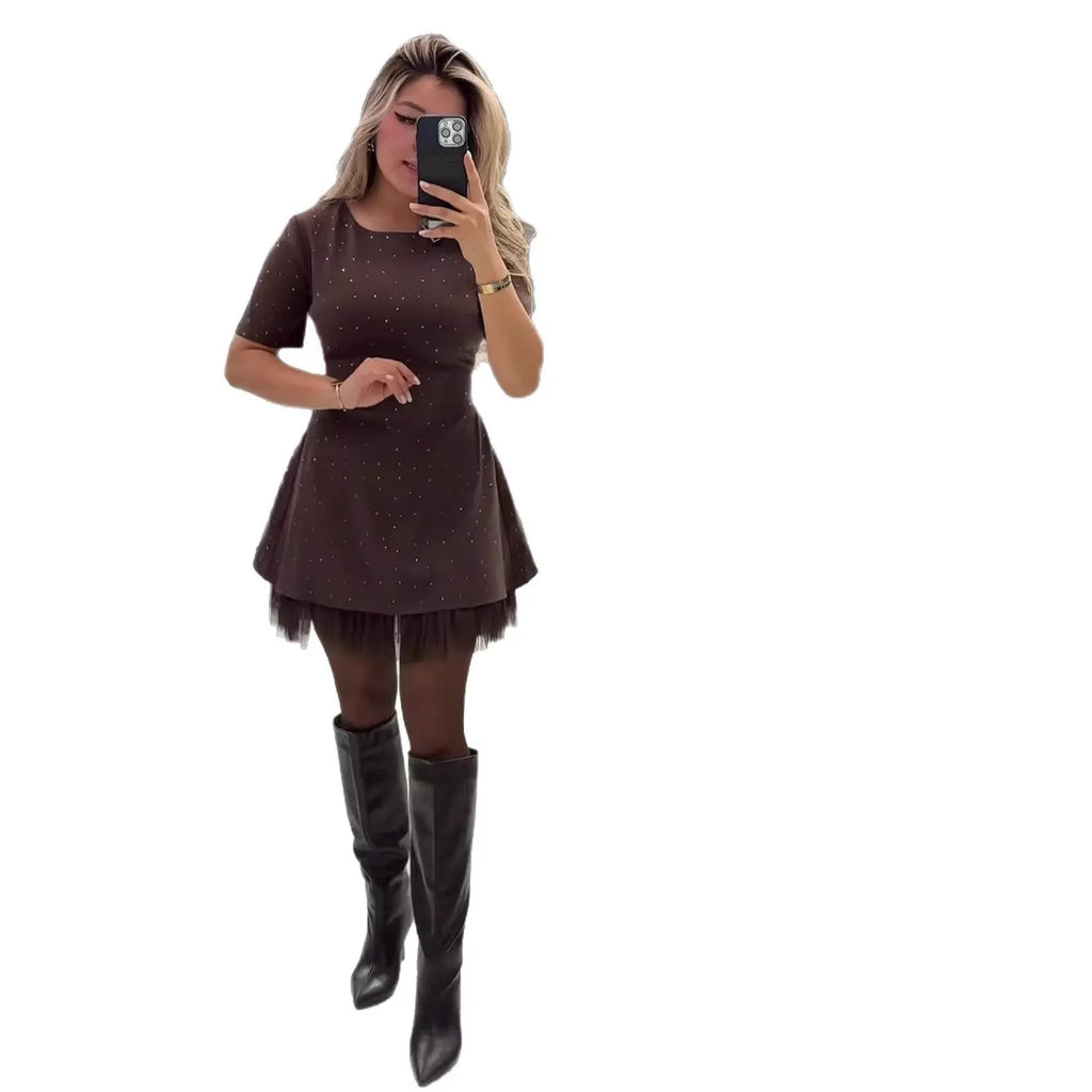 Women's Round Neck Short Sleeve Slim Fit A-Line Mini Dress | High Waist, Solid Color – Brown, Black Next Gen Luxe Solutions
