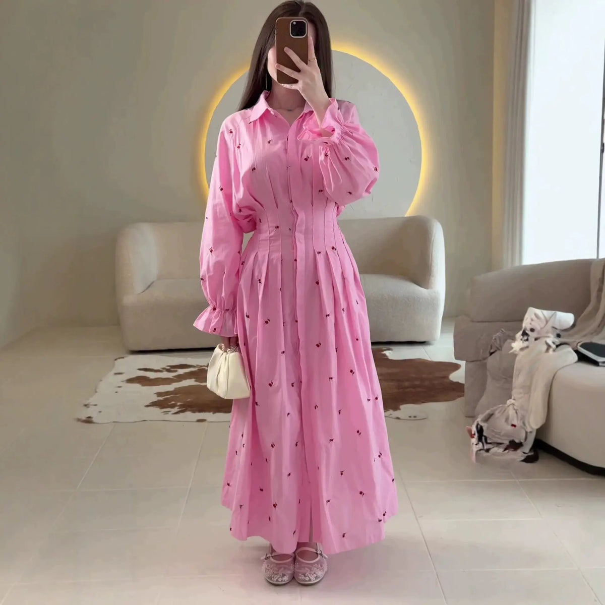 Women's Long Sleeve Lapel A-Line Midi Dress | Button Front, Floral Pattern – White, Champagne, Shiny Pink, S–XXL Next Gen Luxe Solutions