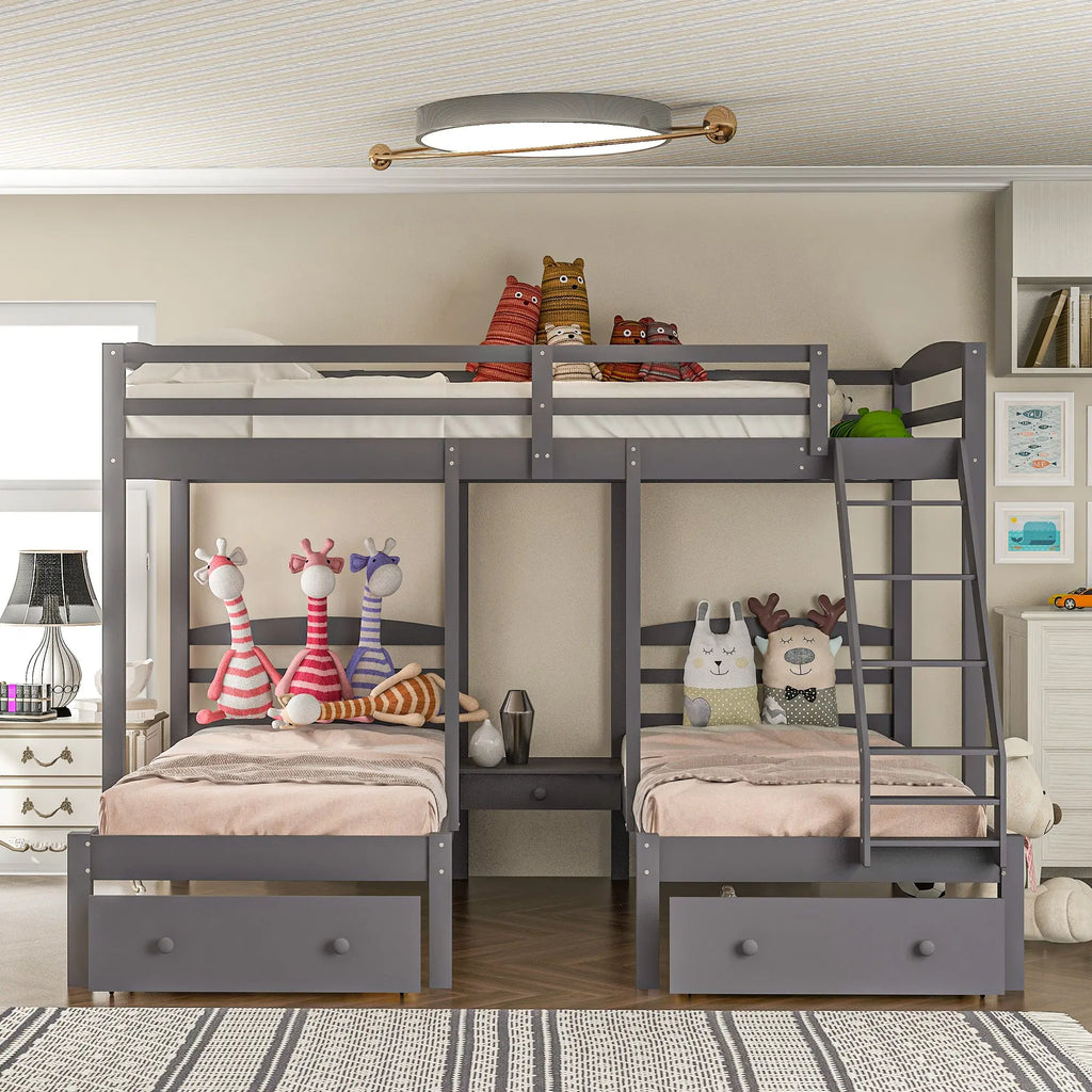 Full over Twin & Twin Triple Bunk Bed with 3 Drawers | Solid Pine & MDF, Full-Length Guardrail, 400 lb Capacity – Gray Next Gen Luxe Solutions