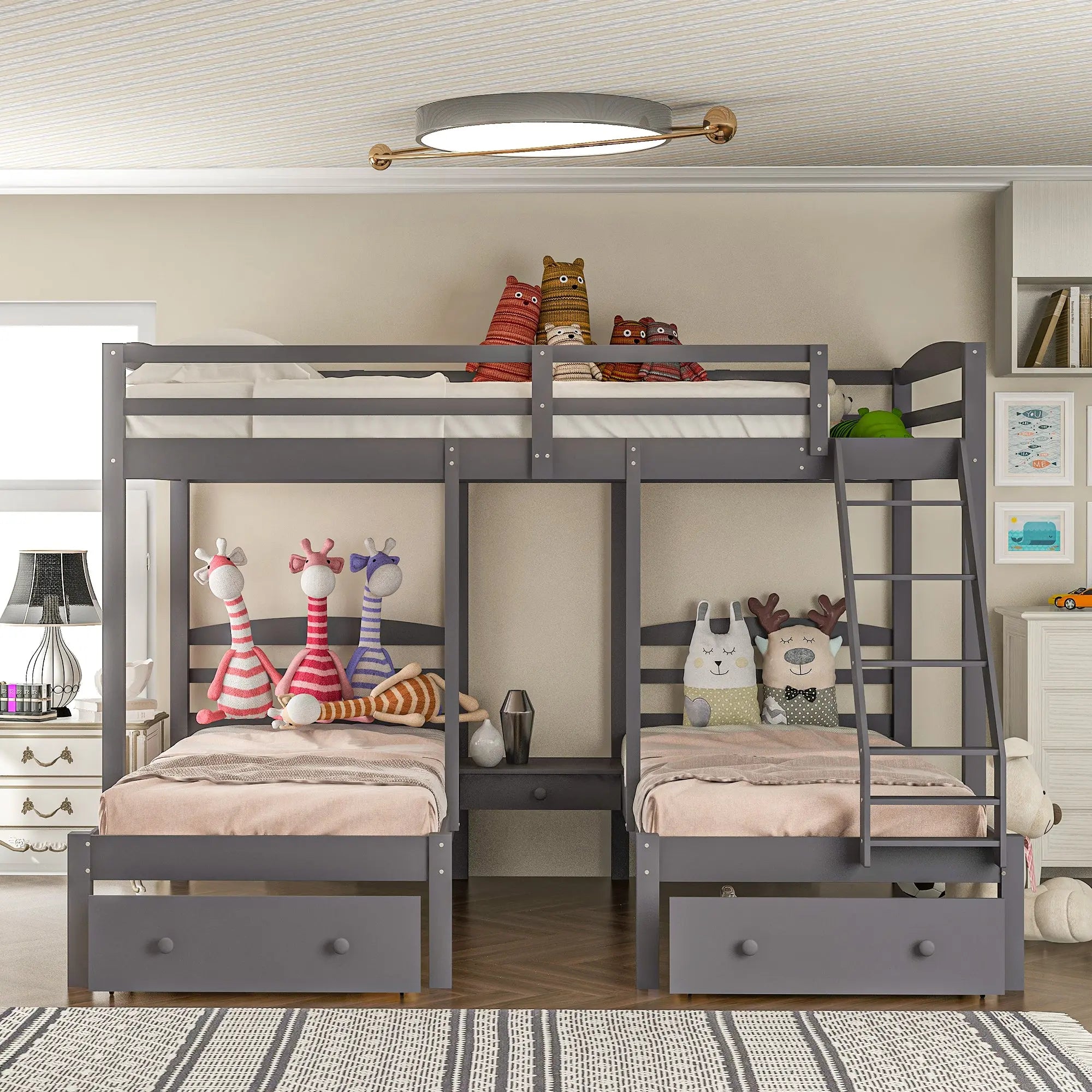 Full over Twin & Twin Triple Bunk Bed with 3 Drawers | Solid Pine & MDF, Full-Length Guardrail, 400 lb Capacity – Gray Next Gen Luxe Solutions
