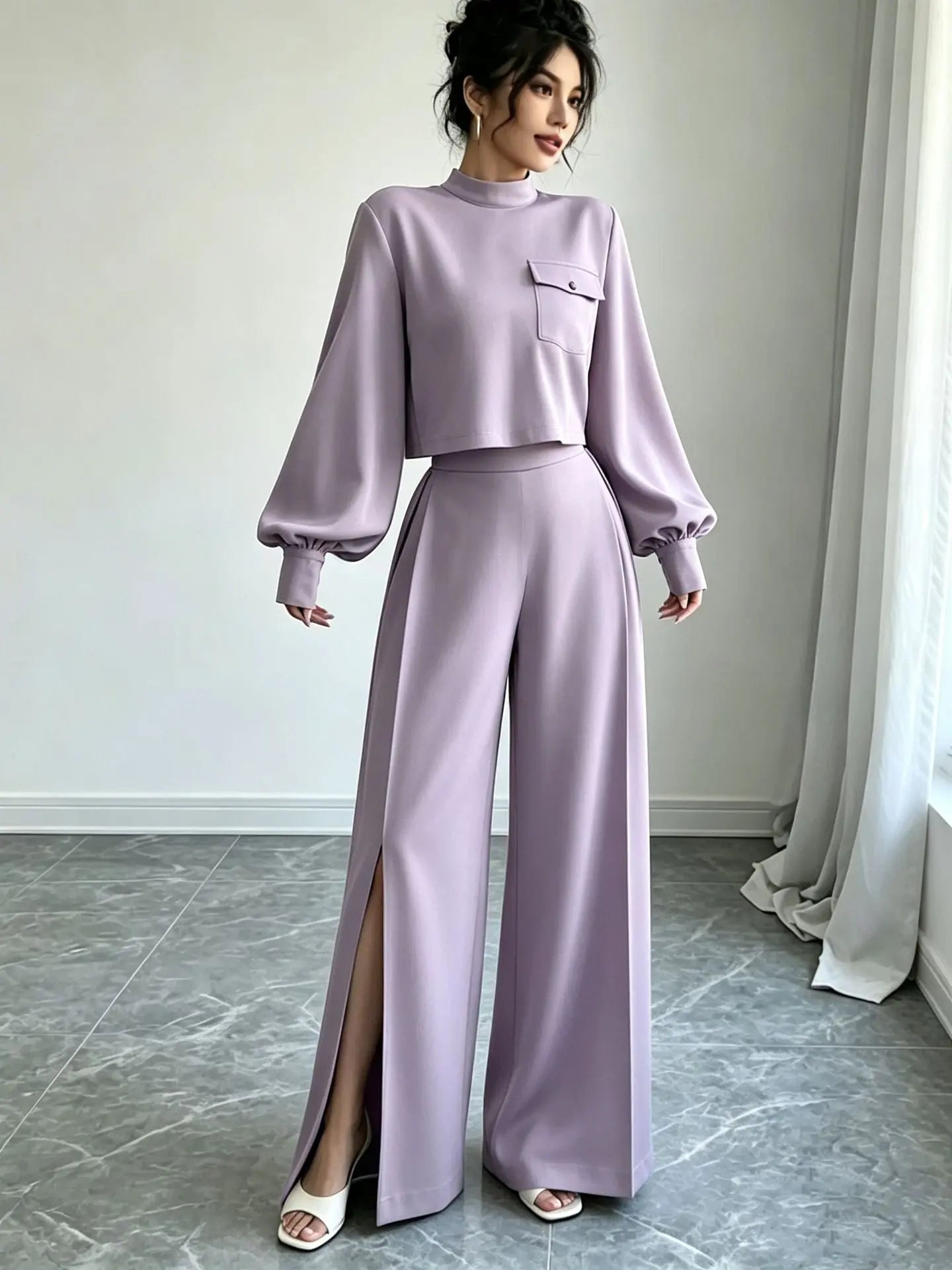 Women's Solid Color Wide Leg Pants 2-Piece Set | Mock Neck Long Sleeve Top + Pants, Korean Style – 5 Colors, S–XXL Next Gen Luxe Solutions