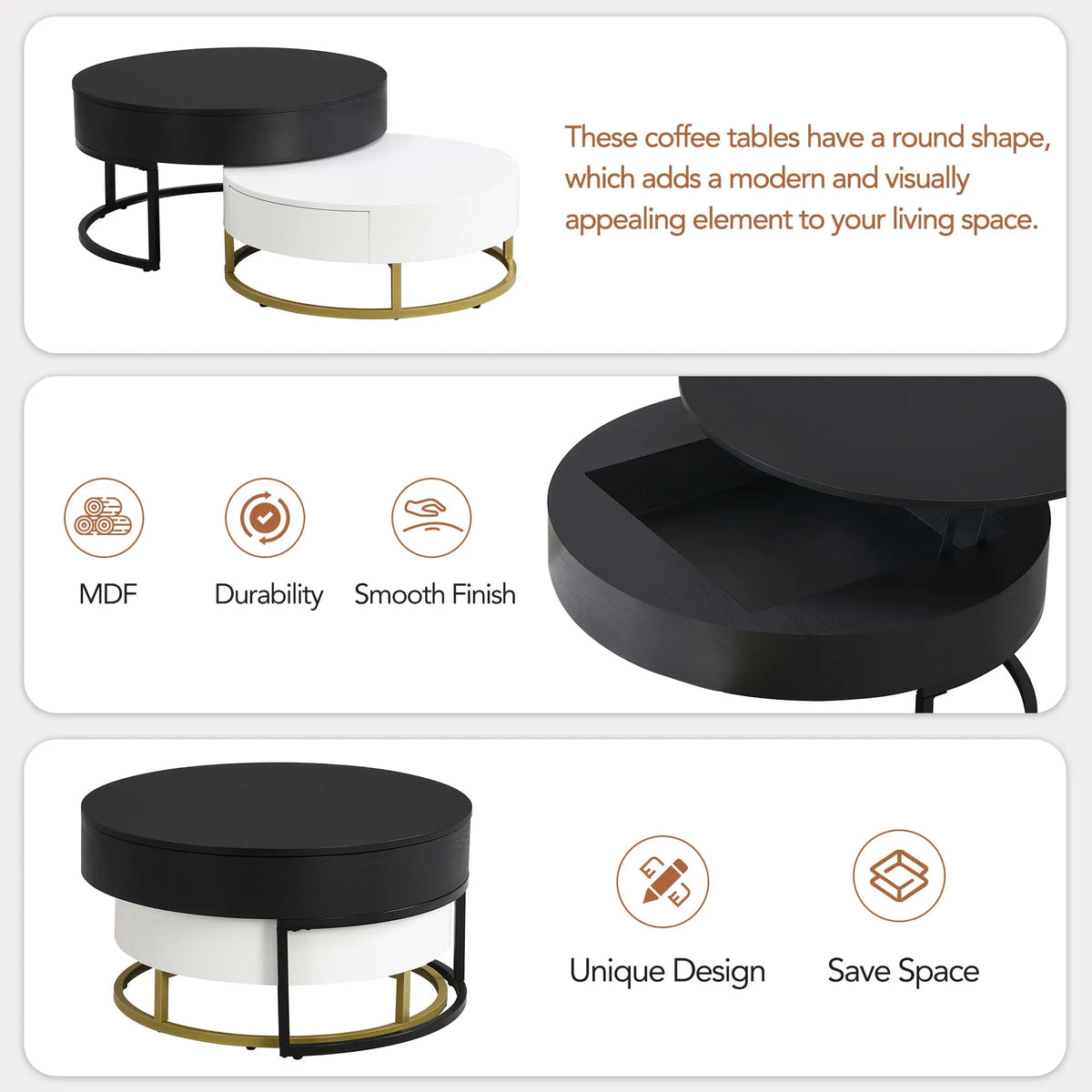 Modern Round Lift-Top Nesting Coffee Tables Set of 2 | Hydraulic Lift, 2 Drawers, Gold Metal Base – White & Black Next Gen Luxe Solutions