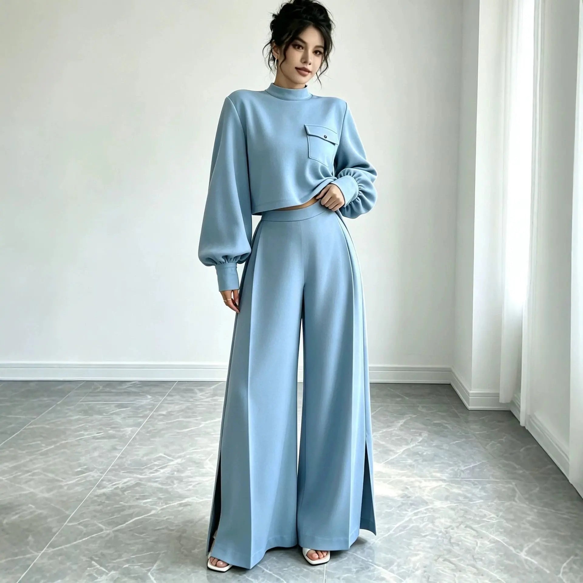 Women's Solid Color Wide Leg Pants 2-Piece Set | Mock Neck Long Sleeve Top + Pants, Korean Style – 5 Colors, S–XXL Next Gen Luxe Solutions
