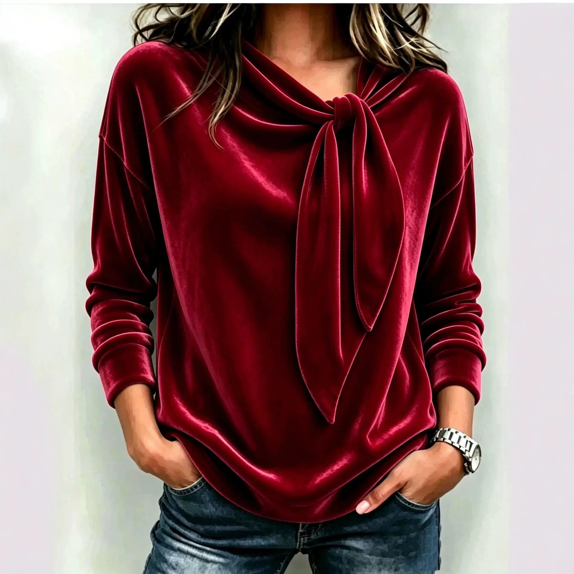 Women's Solid Color Long Sleeve Bow Top | Loose Fit Scarf Collar Pullover – 6 Colors, S–XXL Next Gen Luxe Solutions