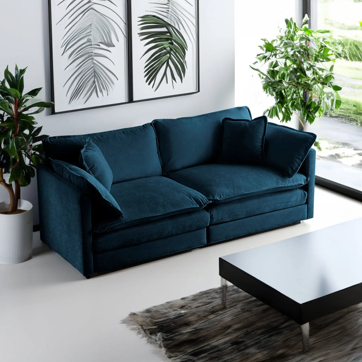 Modern Blue Chenille Loveseat Sofa – Deep Seat 2-Seater with 4 Pillows | Upholstered Living Room Couch Next Gen Luxe Solutions