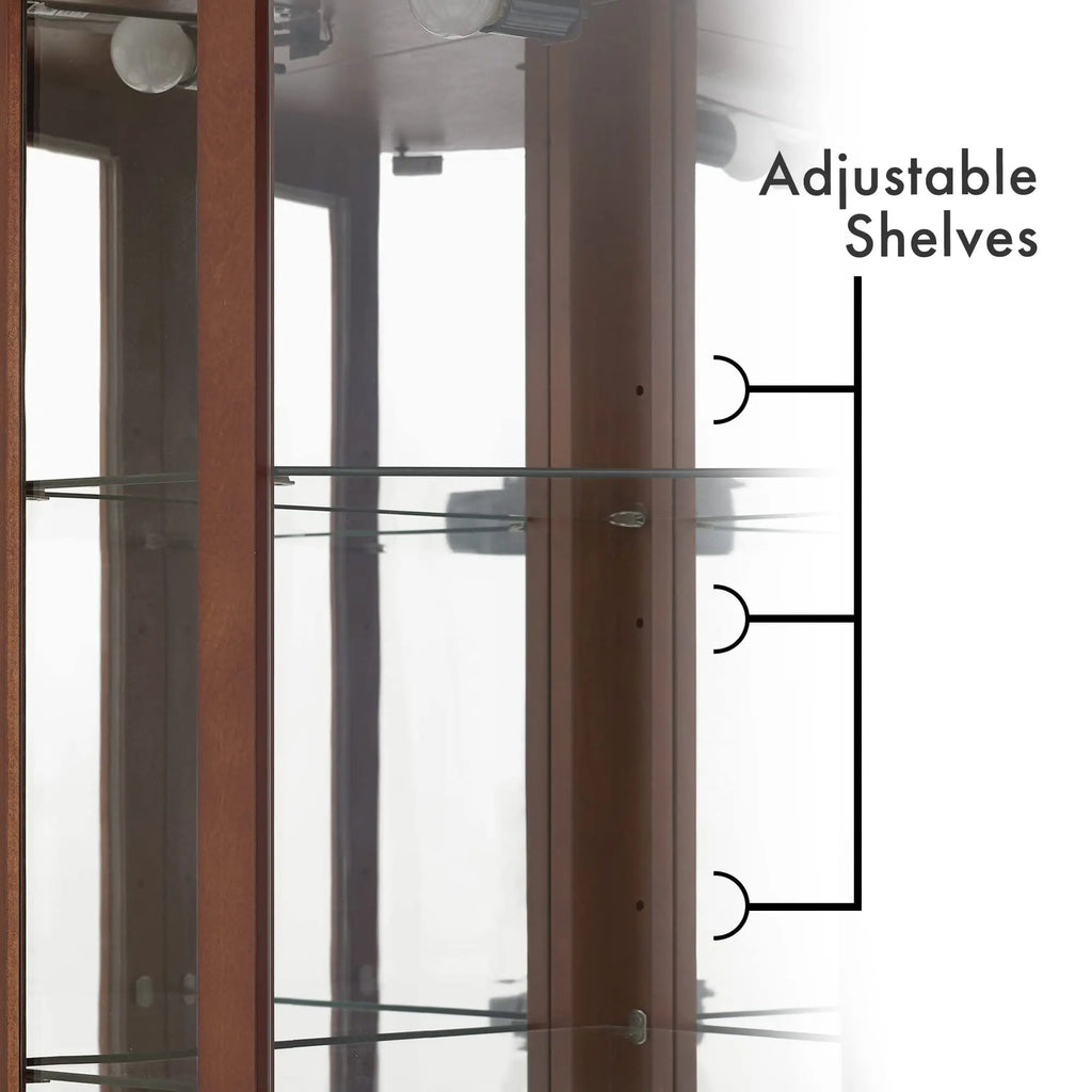 6-Shelf Corner Curio Display Cabinet with Light, Mirror & Adjustable Shelves – Walnut Wood Next Gen Luxe Solutions