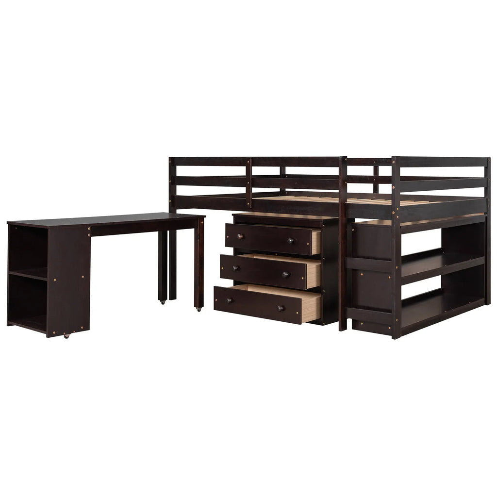Full Size Low Loft Bed with Rolling Desk, Cabinet, Shelves & Safety Rails | Solid Wood Study Loft Bed – Espresso Next Gen Luxe Solutions