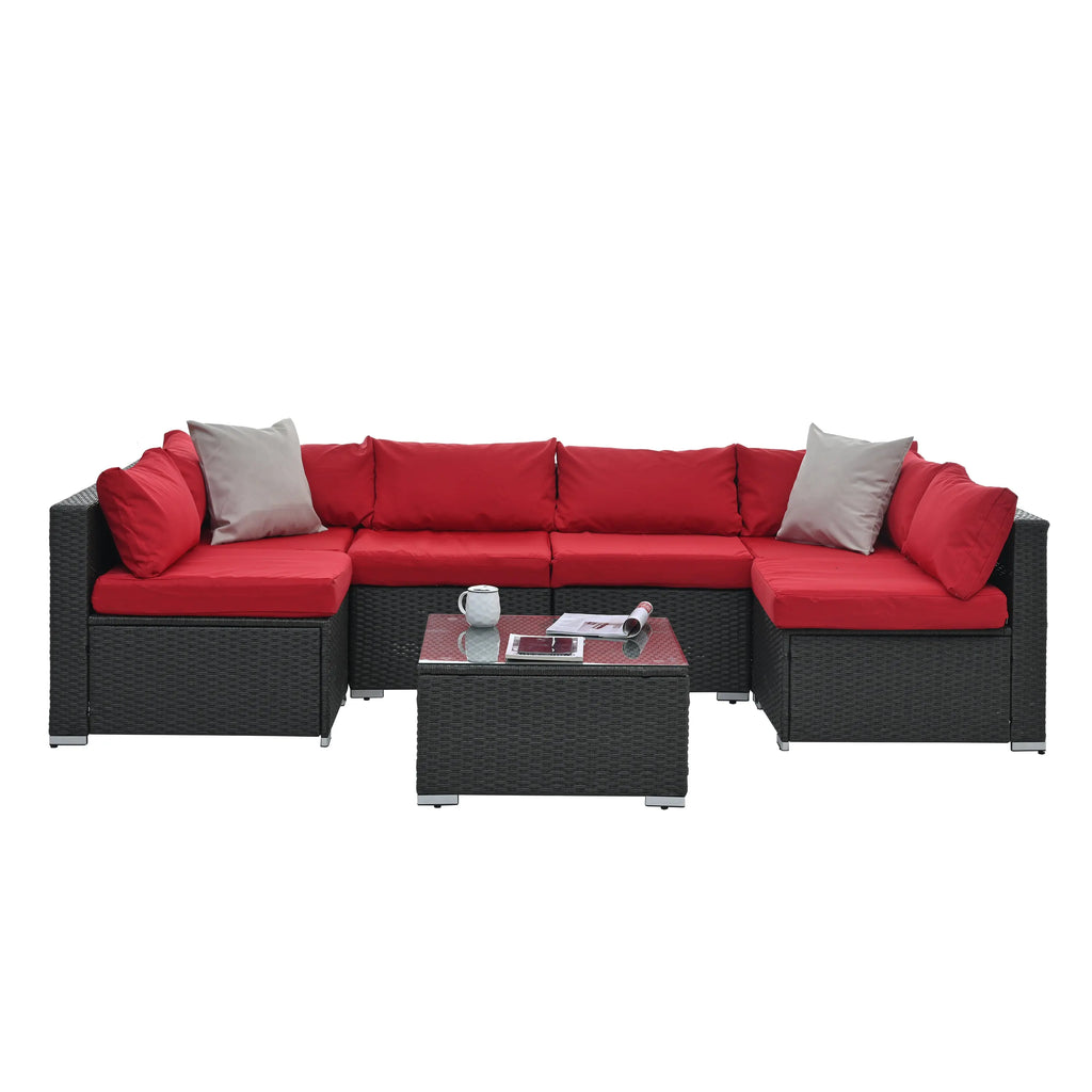 7-Piece Outdoor Patio Furniture Set | PE Wicker Sectional Sofa with Tempered Glass Table, Cushions & Pillows – Dark Gray Next Gen Luxe Solutions