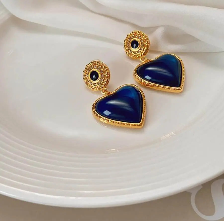 French Retro Blue Heart Gold-Plated Earrings Next Gen Luxe Solutions