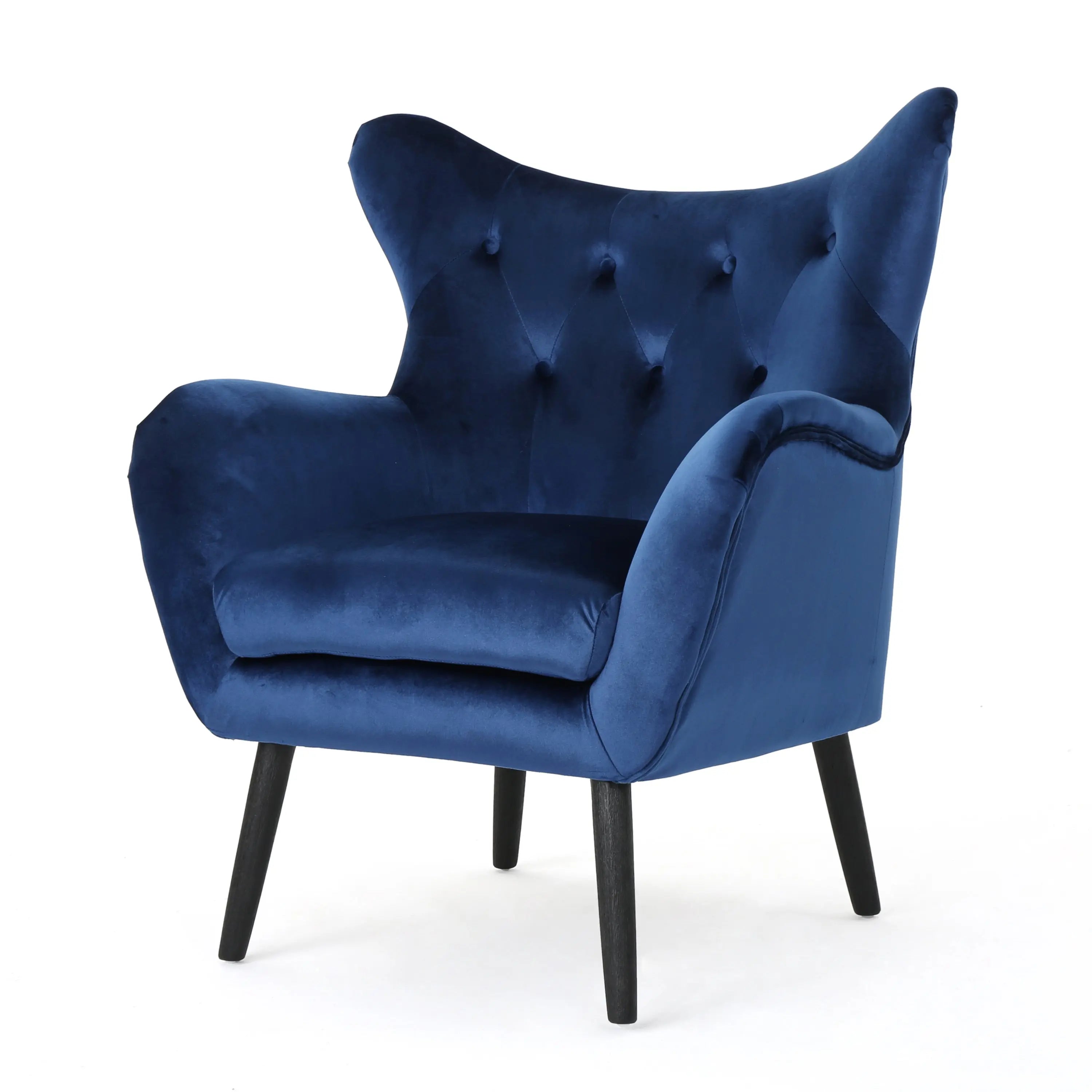 Navy Blue Velvet Wingback Armchair – Button-Tufted, Mid-Century Modern | Oak Wood Frame Next Gen Luxe Solutions