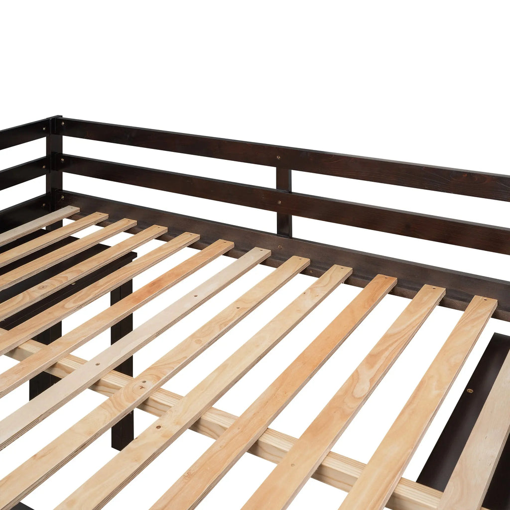 Full Size Low Loft Bed with Rolling Desk, Cabinet, Shelves & Safety Rails | Solid Wood Study Loft Bed – Espresso Next Gen Luxe Solutions