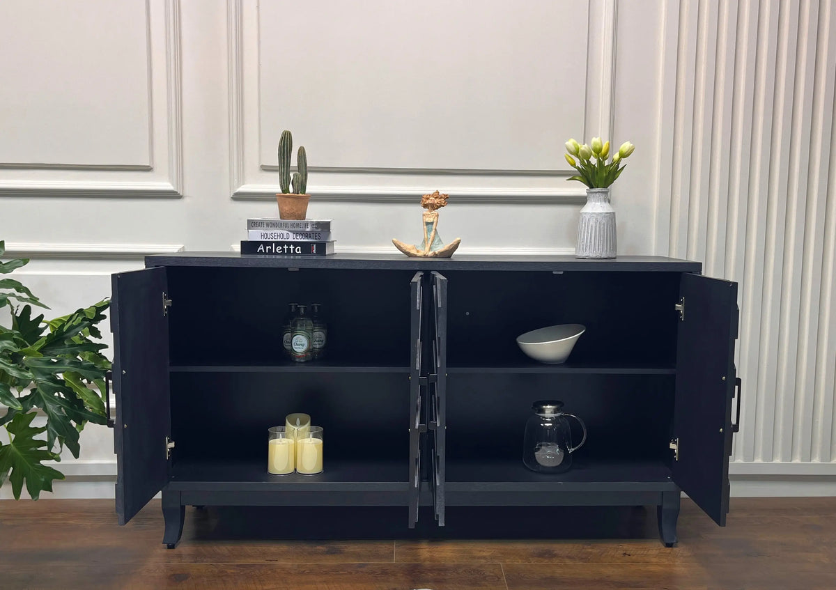Vintage Style Buffet Cabinet – Lacquered Accent Storage, 4-Door Wooden Cabinet in Taupe Grey Next Gen Luxe Solutions