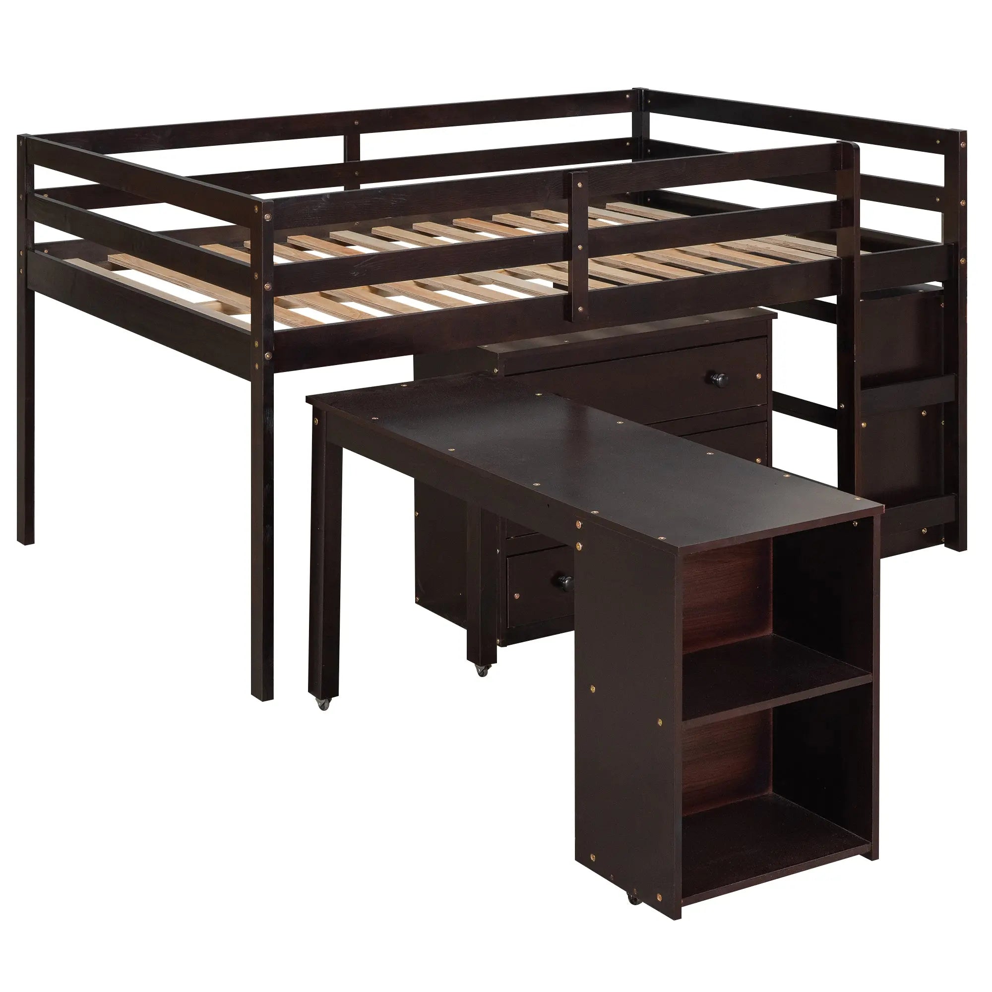 Full Size Low Loft Bed with Rolling Desk, Cabinet, Shelves & Safety Rails | Solid Wood Study Loft Bed – Espresso Next Gen Luxe Solutions