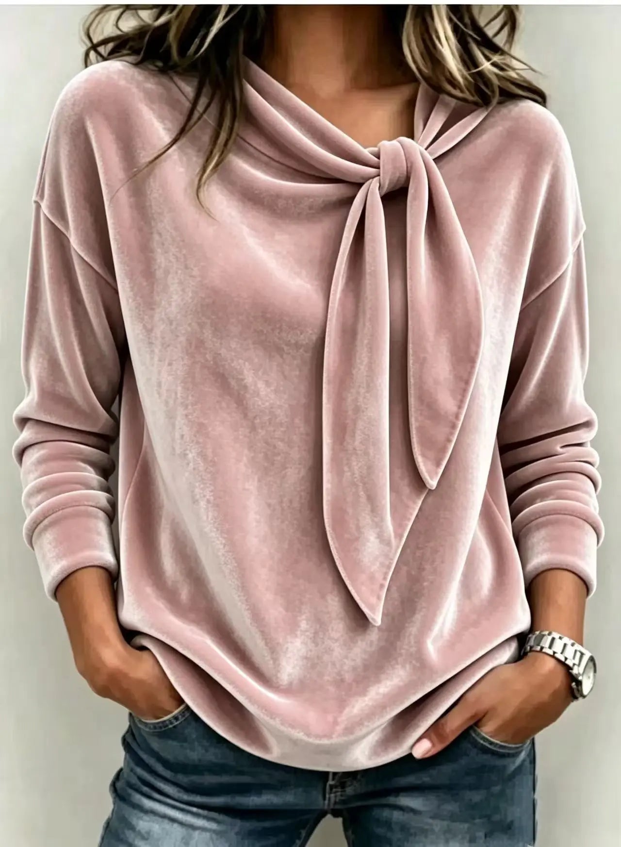 Women's Solid Color Long Sleeve Bow Top | Loose Fit Scarf Collar Pullover – 6 Colors, S–XXL Next Gen Luxe Solutions