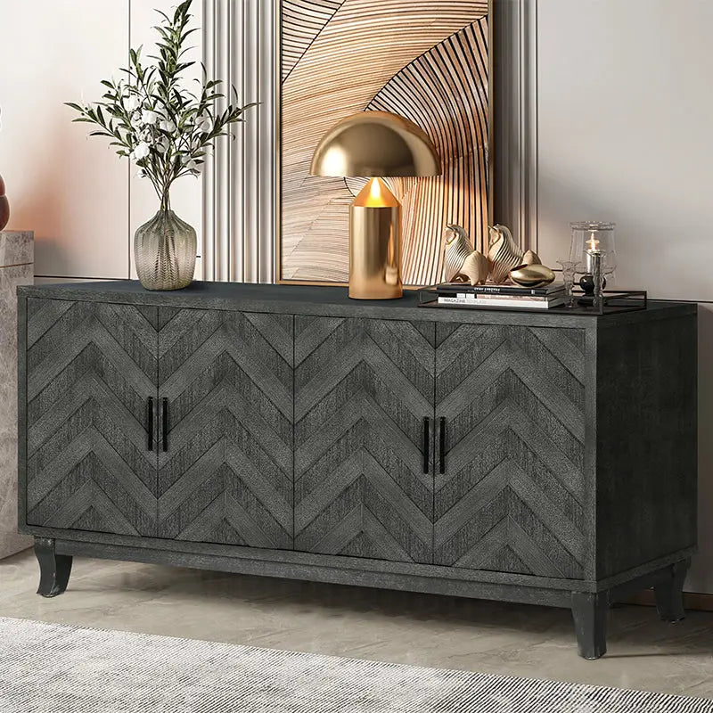 Vintage Style Buffet Cabinet – Lacquered Accent Storage, 4-Door Wooden Cabinet in Taupe Grey Next Gen Luxe Solutions