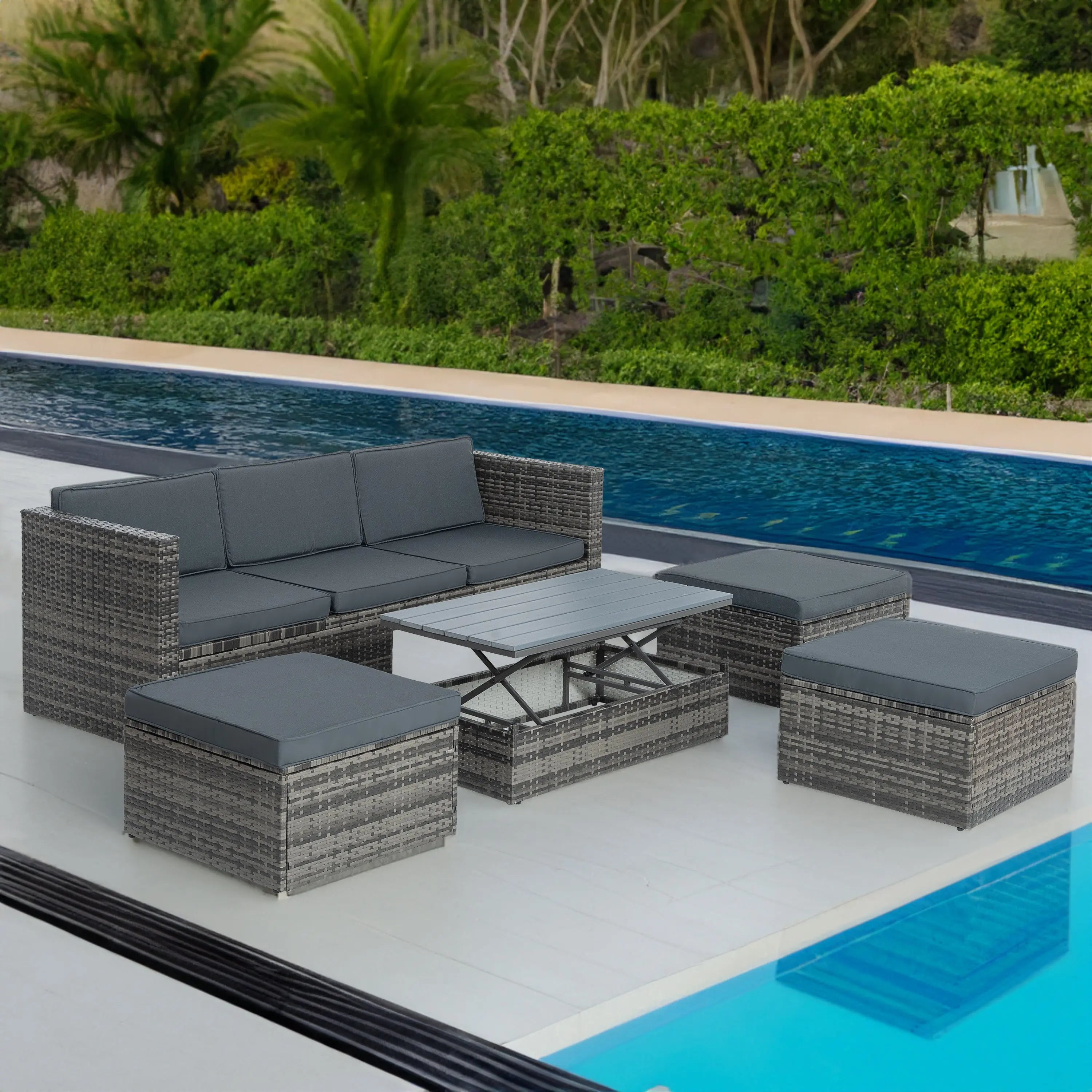 5-Piece Outdoor PE Wicker Patio Furniture Set | Sofa, 3 Ottomans & Lift-Top Coffee Table Next Gen Luxe Solutions
